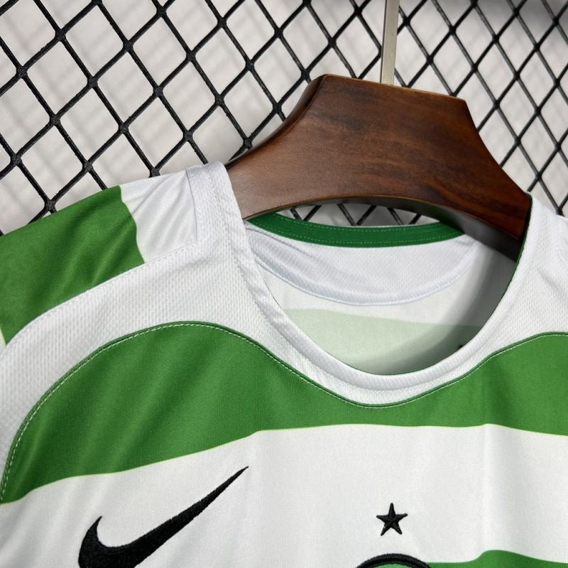 Close up of Celtic FC 2005-2006 home football shirt with green and white hoops, Nike logo
