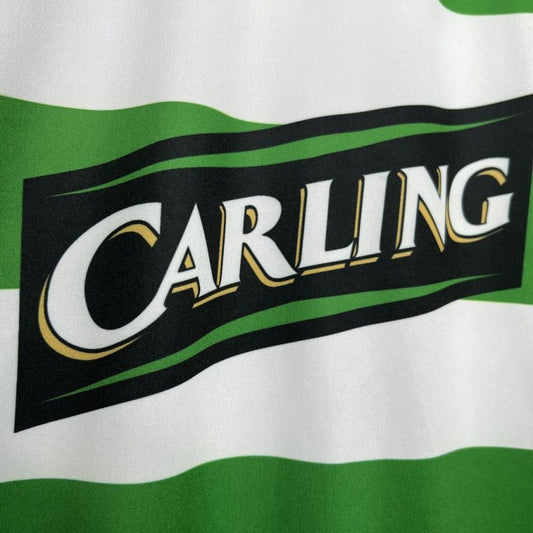 Close up of Celtic FC 2005-2006 home football shirt with green and white hoops, Carling sponsor logo