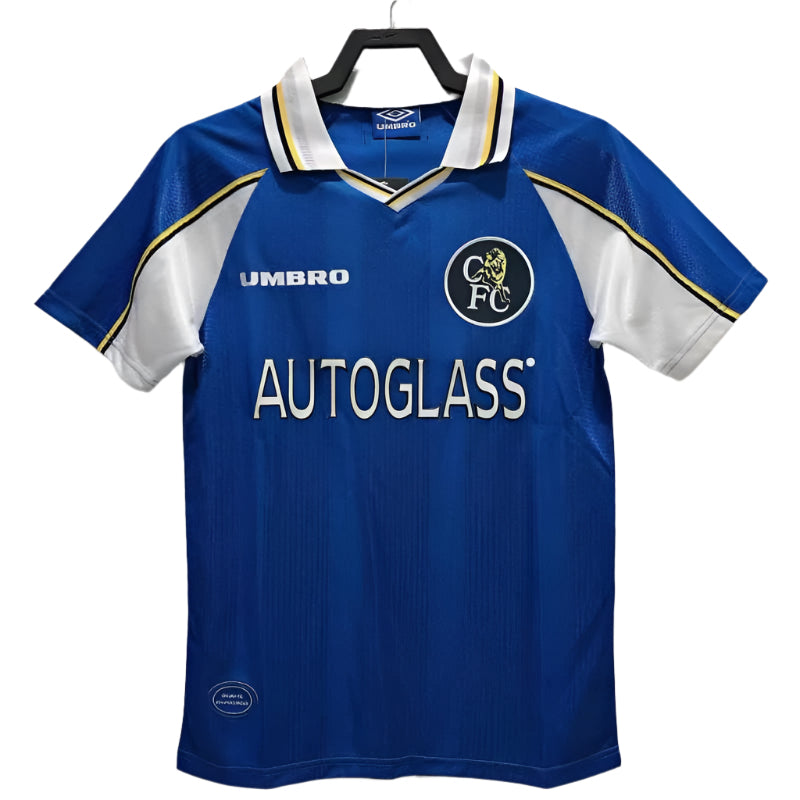 Chelsea FC 1999 home football shirt by Umbro with Autoglass sponsor, displayed on a hanger against a white background.