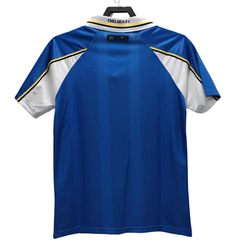 Rear view of the Chelsea FC 1999 Umbro home shirt, highlighting the blue back and collar with "Chelsea F.C." text.