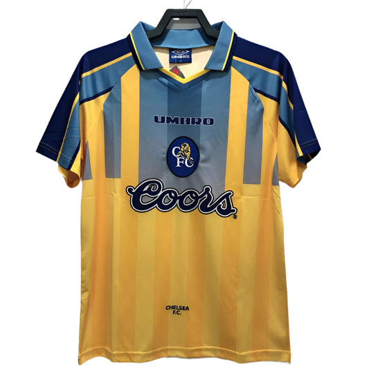 Front view of a vintage 1995 Chelsea FC away football shirt by Umbro, featuring yellow and blue vertical stripes, Coors sponsor logo, and Chelsea FC crest.