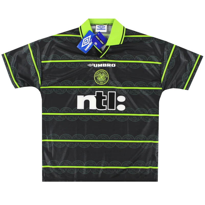 1999 Celtic FC football shirt featuring the Umbro logo, club crest, and neon yellow horizontal stripes on a dark background.